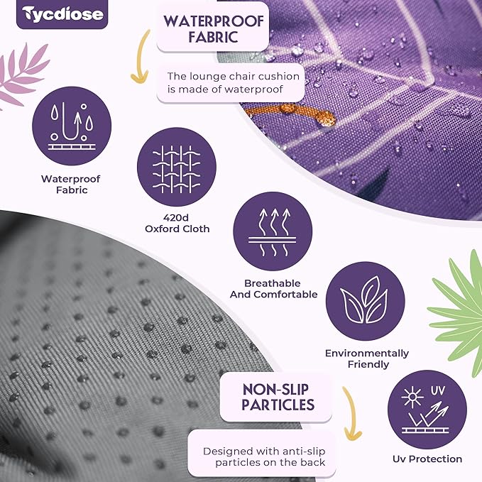Outdoor Chaise Lounge Chair Cushion Waterproof 74.4 x 22 x 4.7 Inches Thickened Memory Foam Patio Lounge Chair Cushions Replacement for Outdoor Furniture with Ties, Purple Floral Leaf