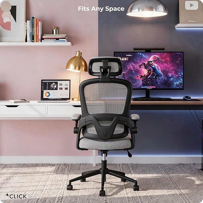 AeroCore M320 Ergonomic Office Chair, High Back Breathable Mesh Computer Chair with Lumbar Support, Adjustable Headrest & Tilt, Flip-Up Arms, 360° Swivel Home Office Desk Chair, Gray
