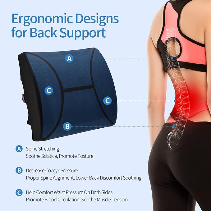 Lumbar Support Pillow for Office Chair - Memory Foam Back Cushion for Chair, Car, Couch - Lumbar Pillow Promotes Better Posture, Back Pain Relief with Adjustable Strap & Non-Slip