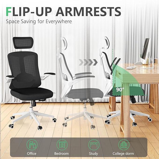 350 LBS Ergonomic Office Computer Mesh Chair - Adjustable Height Rolling Desk Chair with Flip-Up Armrests & High Back Support - Comfortable Swivel Task Chair for Home Office (03WHITE-Black)
