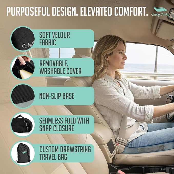 Cushy Tushy Premium Slim Foldable Travel Seat Cushion - for Relief of Lower Back, Sciatic, Butt and Tailbone Pain - for Home & Office Use, Perfect for Travel or Driving - Slim Coccyx Cushion - Black