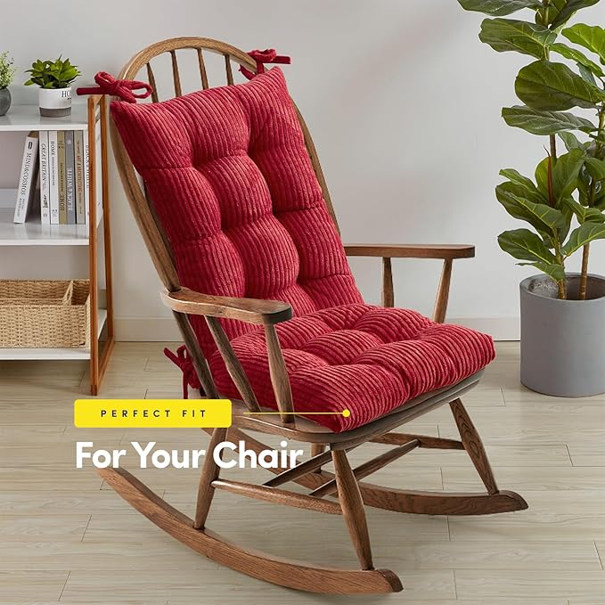 Rocking Chair Cushion Premium Tufted Pads Non Skid Slip Backed Crushed Velvet Cover Set of Upper and Lower with Ties, 21 in x 17 in | 17 in x 17 in, Velvet Red