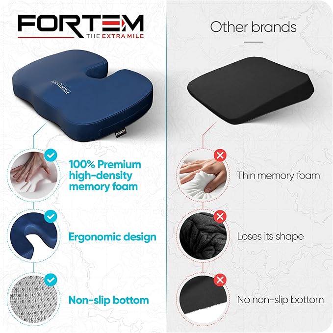 FORTEM Seat Cushion, Office Chair Cushion, Memory Foam Car Seat Cushions, Sciatica Coccyx Tailbone Pain Relief, Chair Cushions for Back Support, Sitting Pad for Gaming, Washable Cover, Non Slip, XL