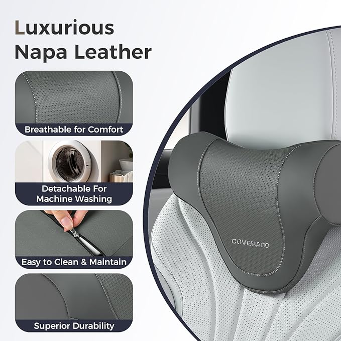 Coverado Car Headrest Pillow, Ergonomic Memory Foam Car Neck Pillow for Driving Seat with Adjustable Strap, Soft PU Leather Breathable Removable Cover Neck Support for Neck Pain Relief