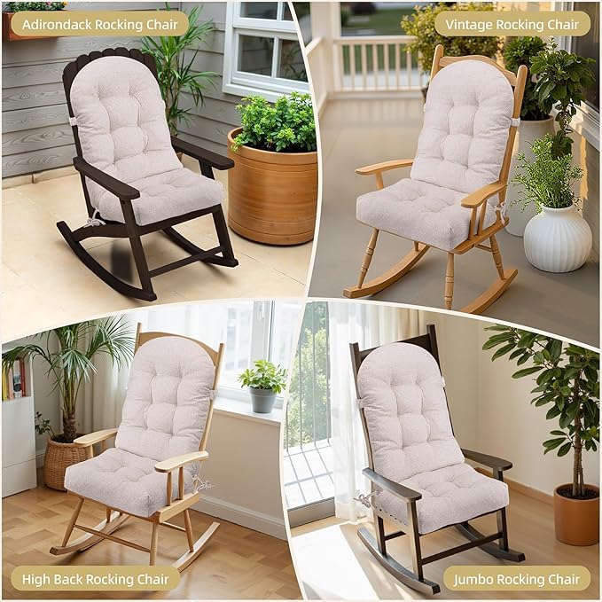 Rocking Chair Cushion - Lola Cotton-Linen Fabric, High-Density Sponge, Durable Comfort Non-Slip Bottom Tufted Seat Pads with Ties, Lola︱Ivory, 44x19x4 inch