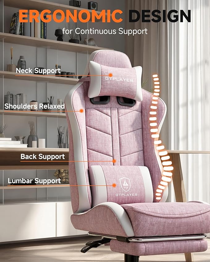 GTPLAYER Gaming Chair for Adults, Ergonomic Computer Gaming Chair with Footrest, Height Adjustable, 90-155° Recline & Removable Headrest Lumbar Support, Valentines Day Gift, Pink