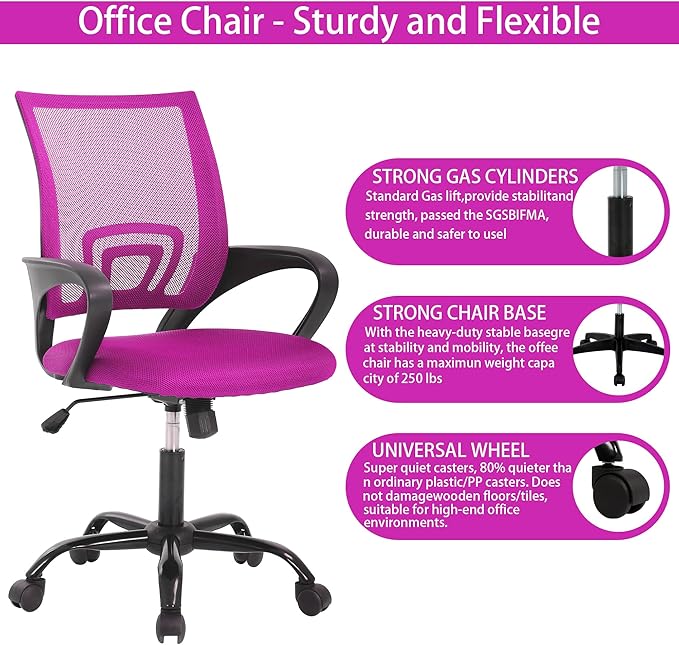 Ergonomic Desk Chair for Back Pain Relief - Supportive Mesh Back with Adjustable Height & Tilt Function, Metal Base, Pink