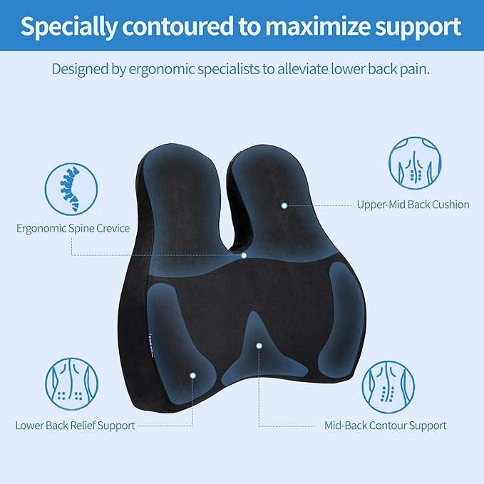 Lumbar Support Pillow for Office Chair - Memory Foam Back Cushion for Chair, Car, Couch - Lumbar Pillow Promotes Better Posture, Back Pain Relief with Adjustable Strap & Non-Slip