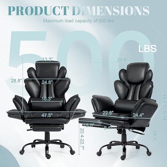 Big and Tall Office Chair, Flip Armrests Criss Cross Office Chair, Reclining Desk Chair with Foot Rest, Adjustable Headrest, Massage Waist Pillow Cross Legged Wide Seat Vanity Chair, PU Leather Black