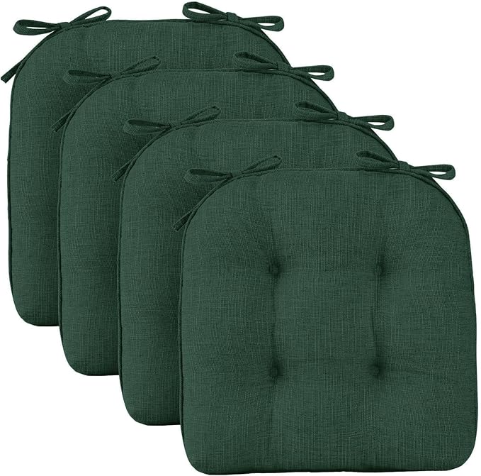 Wellsin Chair Cushions for Dining Chairs, Non-Slip Kitchen Chair Pads with Ties, Tufted Shredded Foam Kitchen Chair Cushions Set of 4, 15.5" X 15.5", Dark Green