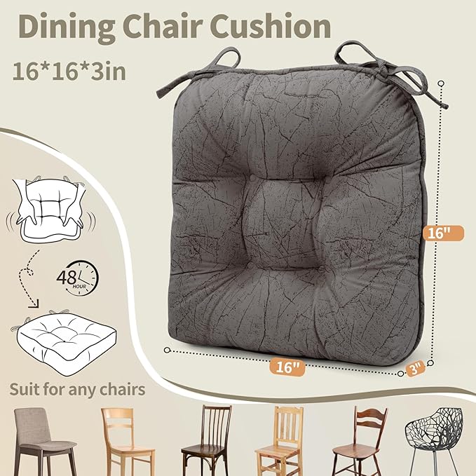 Marble Pattern 3" Chair Cushion for Dining Chair, Filling Bite-Size Memory Foam U-Shaped Seat Cushions for Kitchen Chairs, Non-Slip Indoor Chair Pad with Ties, 1 PCS, Brown
