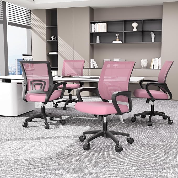 Magshion Ergonomic Office Desk Chair, Mid-Back Mesh Computer Chair, Swivel Chair with Breathable Backrest & Lumbar Support, Adjustable Height for Gaming, Work, Study, 300 Lbs Capacity, Pink