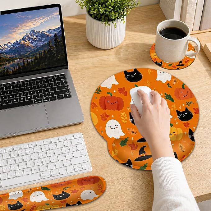 Halloween Wrist Rest Support for Mouse Pad Keyboard Set, Ghosts Pumpkins Black Cats Mouse Pad with Non Slip Rubber Base for Home and Office Typing Support
