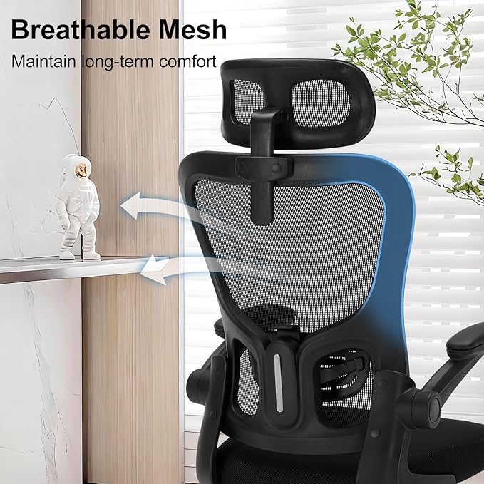 Office Chair Ergonomic Desk High Back Mesh Chair with Adjustable Lumbar Support & Headrest, Flip-Up Armrests, 300lbs Capacity Swivel Computer Chair for Home Office, Black