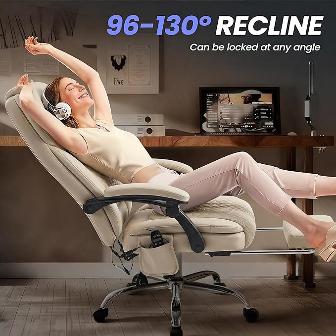 MALOL Massage Office Chair with 3-Level Heat and Footrest – 20-Min Easy Assembly, 300 lbs Big and Tall Reclining Desk Chair, PU Leather Ergonomic Executive Computer Chair with Side Pocket, Beige