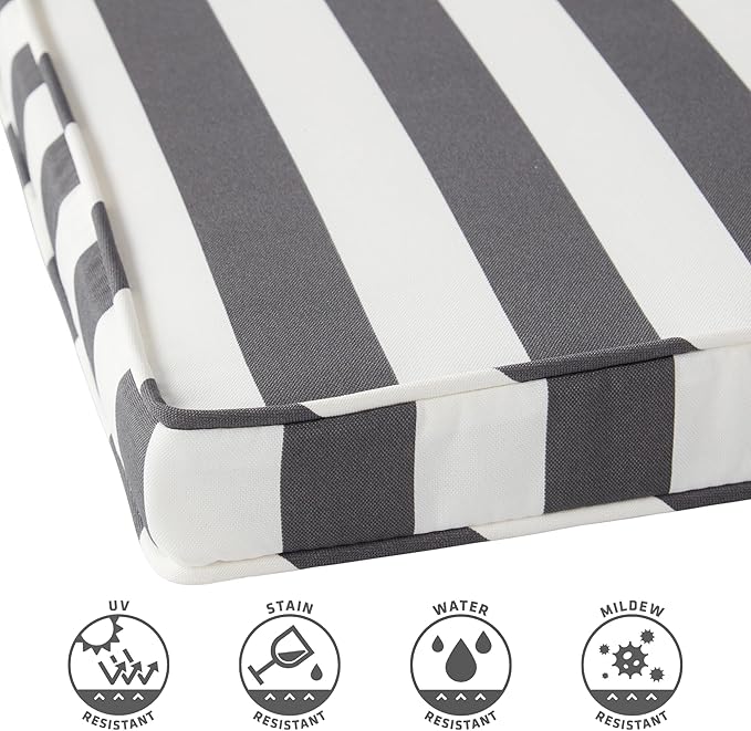 Outdoor 18 inch Square Patio Dining Chair Pads – Comfortable Fiber-Filled Seat Cushions with Ties, Reversible Polyester Fabric - Canopy Stripe Gray, Set of 2