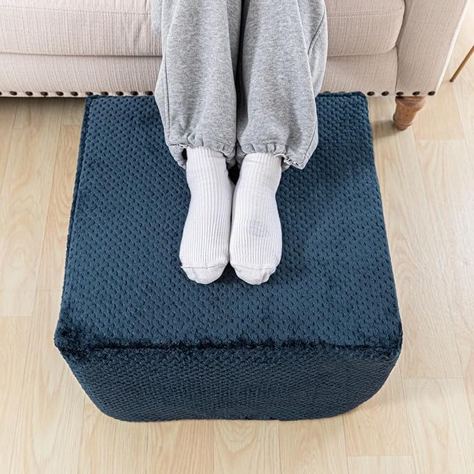 Furry Square Pouf Ottoman – 20"x14" One-Piece Seamless Integral Foam Foot Stool Ottoman Foot Rest Living Room Bedroom Under Desk (Navy Blue)