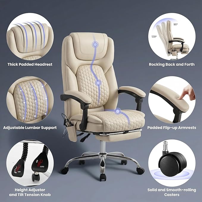 MALOL Massage Office Chair with 3-Level Heat and Footrest – 20-Min Easy Assembly, 300 lbs Big and Tall Reclining Desk Chair, PU Leather Ergonomic Executive Computer Chair with Side Pocket, Beige