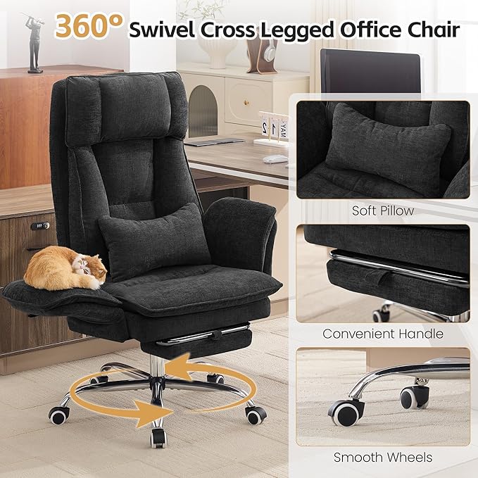 Big and Tall Office Chair, Cloud Reclining Office Chair with Footrest & Flip Armrest for Pets, Executive Ergonomic Criss Cross Desk Chair, Swivel Gaming Chair with Lumber Pillow, Chenille Dark Black