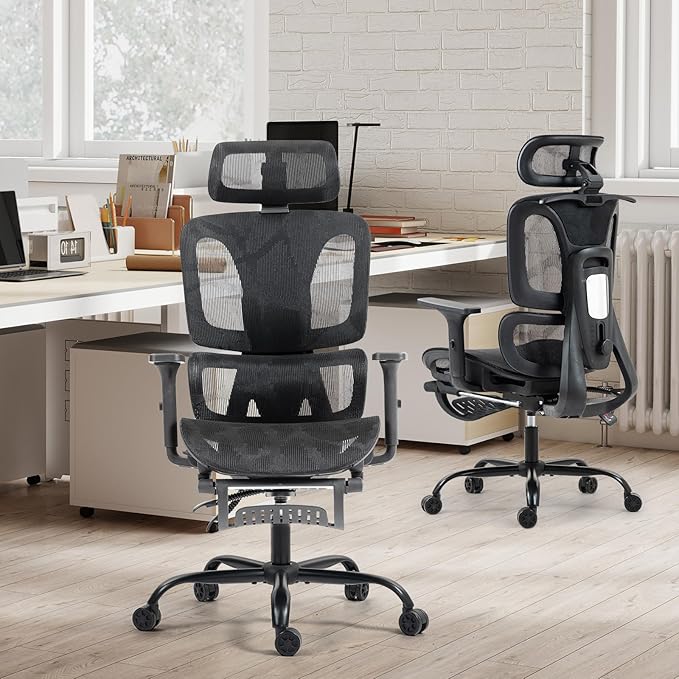 ECOTOUGE Ergonomic Office Chair with Footrest, High Back Mesh Computer Chair with Adjustable Lumbar Support, Rolling Swivel Desk Chair for Home Office, Gaming Chair with Headrest and Wheels, Black