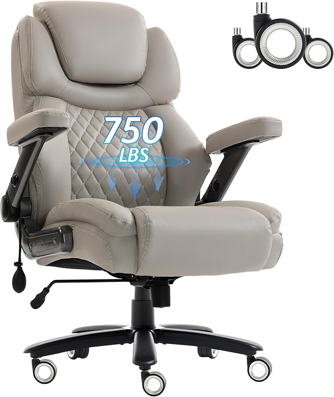 Big and Tall Office Chair 750lbs, Executive Office Chair with Adjustable Headrest&Lumbar Airbag Support, PU Leather High Back Heavy Duty Desk Chair 5D Flip Arms, Ergonomic Thick Spring Cushion, Beige