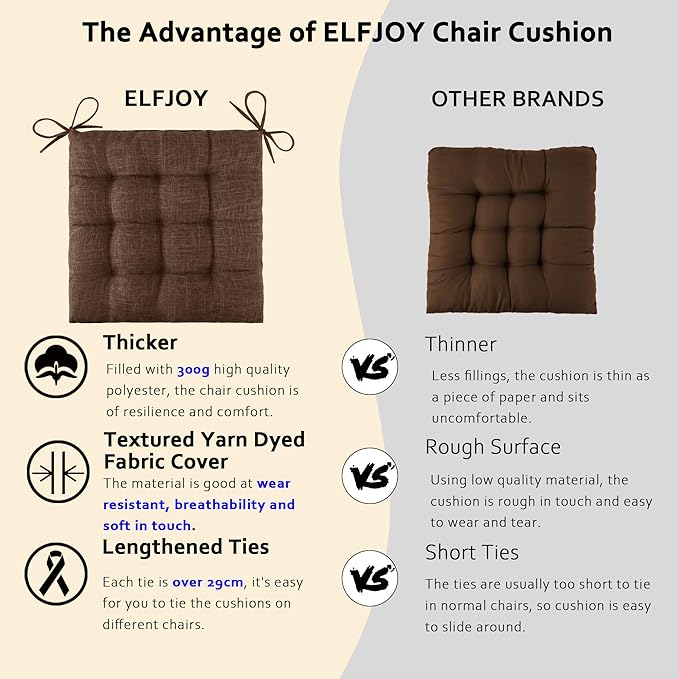 ELFJOY 4 Pack Chair Cushions for Dining Chairs Chair Pads Cushion for Kitchen Office Tufted Textured Square Seat Cushion with Ties (16" Dark Coffee)