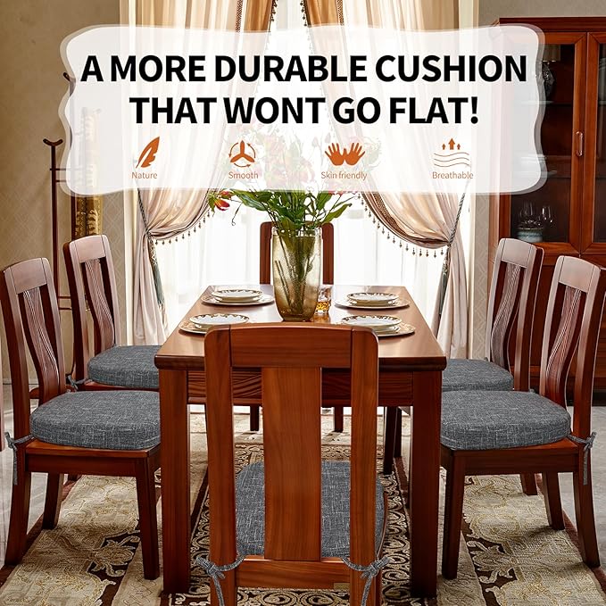 SINOSSO Thickened 2.5" Dining Chair Cushions, Soft Blended High Density Support Foam Kitchen Seat Cushions with Ties, U-Shaped Non-Slip Indoor Chair Pads, 16.5" x 16", 2 PCS, Light Gray