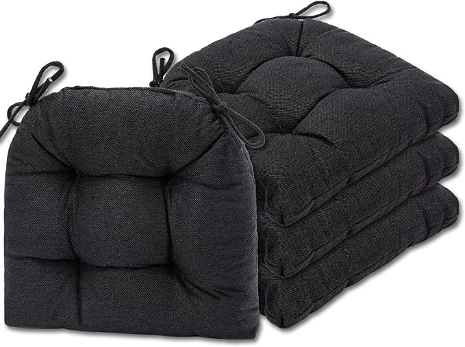 SQUARE MOON D-Shaped 3" Thick Chair Cushions, Chair Pads for Dining Chairs and Kitchen Chairs, Indoor Dining Room Seat Cushions with Ties, Machine Washable, 17" x 16" x 3", 4/Pack, Black
