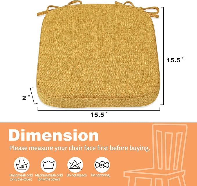 SINOSSO Memory Foam Chair Cushion for Folding Chair 1 Pcs, Thickened 2" Square Kitchen Chair Pad with Ties, Indoor Non-Slip Dining Chair Seat Cushion (1 Piece, Yellow)