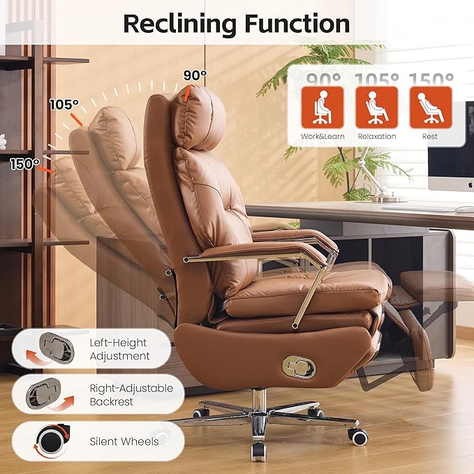 Big and Tall Executive Office Chairs with Footrest, Ergonomic 360° Swivel Desk Chair High Back Recliner, Manual 150° Reclining Computer Gaming Chair with Wheels for Home Office Faux Leather, Brown