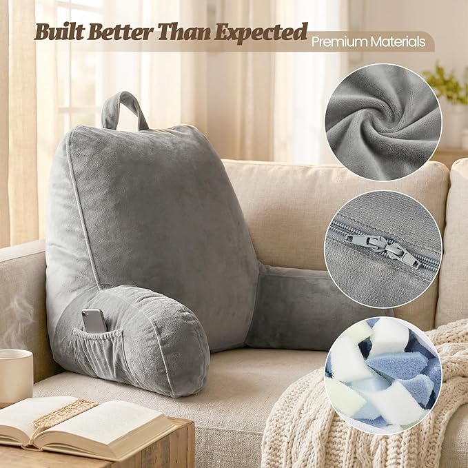ACH Reading Pillow with Arms for Adults - Adjustable Memory Foam Bed Rest Pillow, Lumbar & Neck Back Support, Soft Velvet Cover Machine Washable, Deep Side Pocket & Carry Handle, Grey