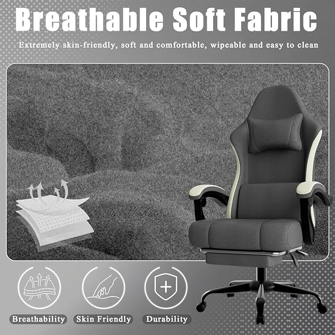 Gaming Chair, High Back Fabric Computer Chair with Pocketed Spring Cushion and Footrest, Height Adjustable Game Chair with Headrest and Lumbar Support (Beige & Gray)