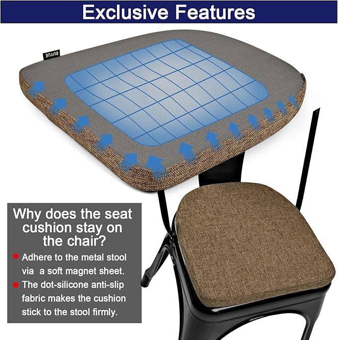 BUYUE Friendly Woven Fabric 14x14 Magnetic Cushion for Metal Chair 1 Piece, Enhanced Anti-Slip Seat Pad for Dining Kitchen Café Stackable Chair (U-Shape, Brown, 1 Count)