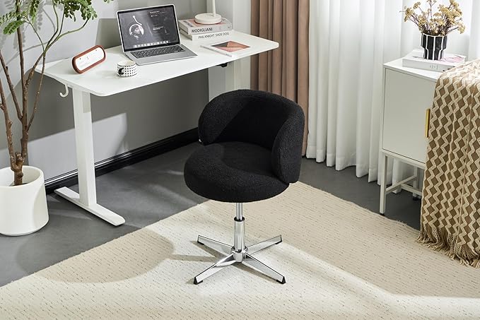 VINGLI Cute Small Swivel Desk Chair Comfy no Wheels,Ergonomic Low-Back Lumbar Support Vanity Nail Tech Computer Task Stool Chair for Home Office,Height Adjustable,Teddy Fleece,Black