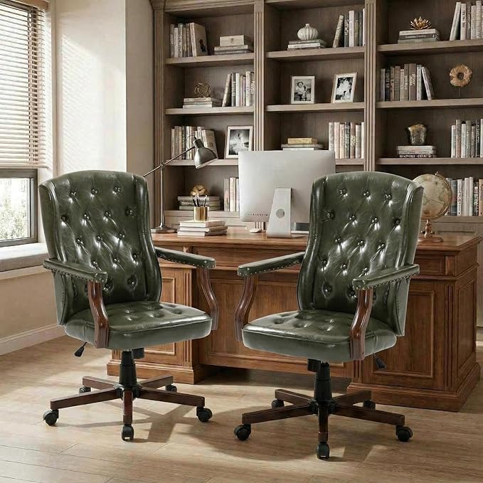 Executive Office Chair, Ergonomic Faux Leather Desk Chair with Wingback Design, Swivel Adjustable Home Office Chair for Computer Desk, Comfortable Task Chair for Home Office, Dark Green