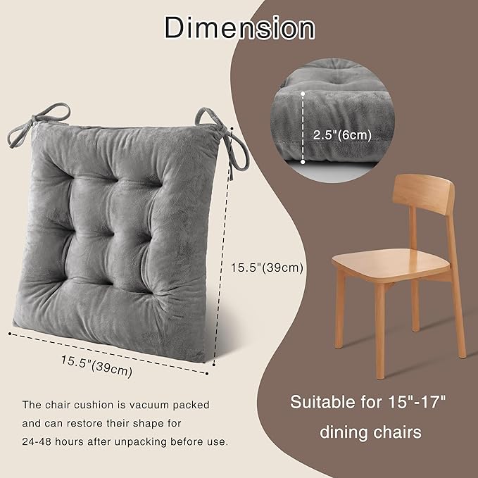 OVOV 1 Pack Chair Cushions for Dining Chairs Soft Seat Cushions for Kitchen Desk Chairs Square Chair Pads with Ties (15.5"x15.5" Light Grey)