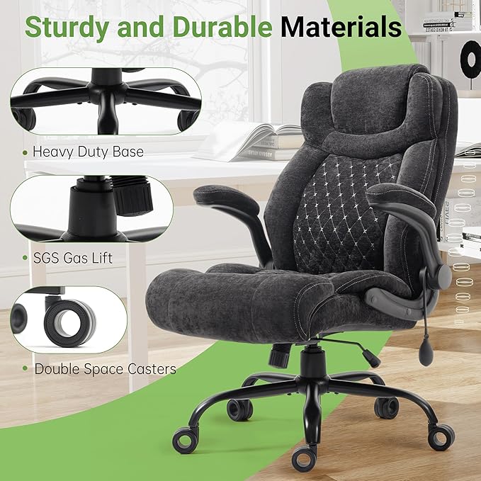 Office Chair, Big and Tall Executive Chairs with Lumbar Support for Back Pain, Breathable Fabric Desk Computer Chair with Adjustable Flip-up Armrests,Wide Cushion Swivel Home Office Chair Black,Black