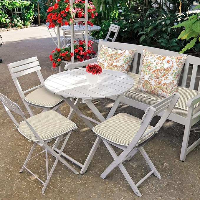 DYTXIII Set of 4 Outdoor Chair Cushions with Ties,Water Repellent Patio Chair Pads 17"x 16" for Outdoor Furniture,Round Corner Seat Cushions for Garden Yard Kitchen Stripe Beige