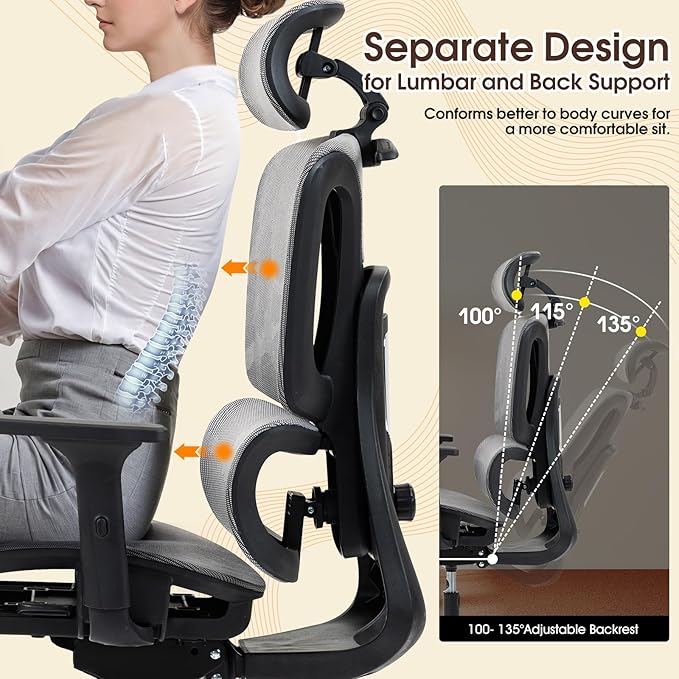ECOTOUGE Ergonomic Office Chair, High Back Mesh Computer Chair with Lumbar Support, Adjustable Headrest & 3D Armrests, Reclining Desk Chair for Home, Gaming Chair for Adults, 330LBS Capacity, Grey