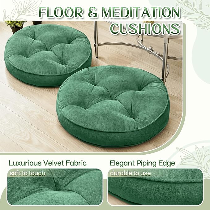 1 MIDDLE ONE Floor Pillow Set of 2, Memory Foam Meditation Cushion, Floor Cushions for Adults Sitting, Large Round Seat Cushions for Yoga, Living Room, 20x20 Inch (Round | Green)