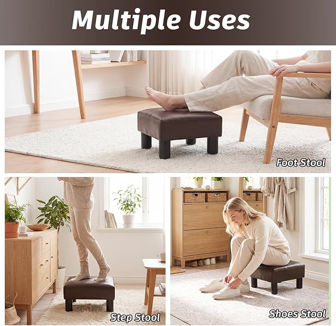Joveco Small Foot Rest Stool Ottoman, 15" Leather Footrest Square Footstool with Non-Skid Plastic Legs, for Chair, Under Desk, Office, Living Room, Brown