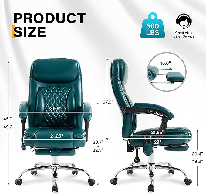 6-Point Massage Office Chair with Heated, Ergonomic Office Chair with Footrest & 45°Reclining High Back, Big and Tall Executive Office Chair 500LBS, Thick Cushion Desk Chair for Home Office, Green(PU)