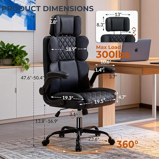 Office Chair with Adjustable Headrest - Executive Leather Desk Chair for Home Office, with Flip-Up Arms & Ergonomic Lumbar Support, Perfect for Work and Study, Black