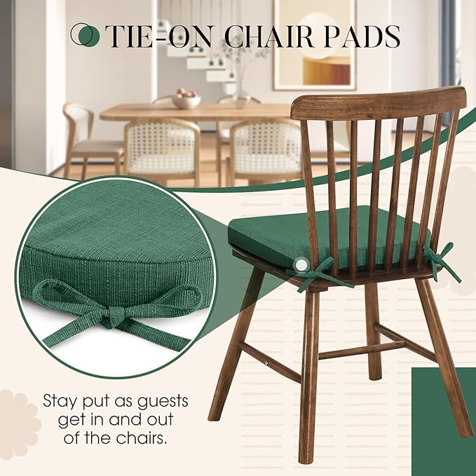 Basic Beyond Chair Cushions for Dining Chairs 4 Pack, Kitchen Chair Cushions with Ties and Non Slip Backing, 16 x 16 inches Chair Pads for Dining Chairs (Forest Green)