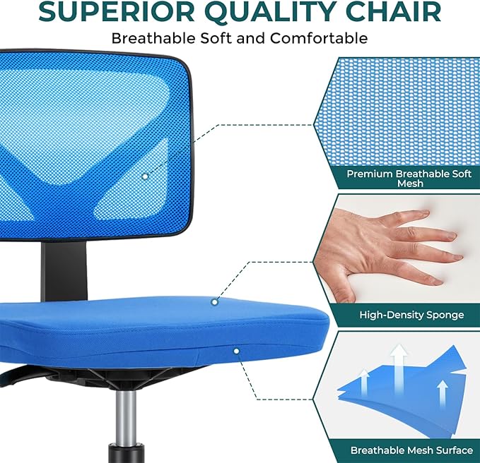 DUMOS Armless Office Chairs with Wheels Cute Home Desk Chair No Arms, Ergonomic Adjustable Swivel Rolling Task Chair, Comfy Mesh Mid Back Computer Work Vanity Chair for Small Spaces, Blue