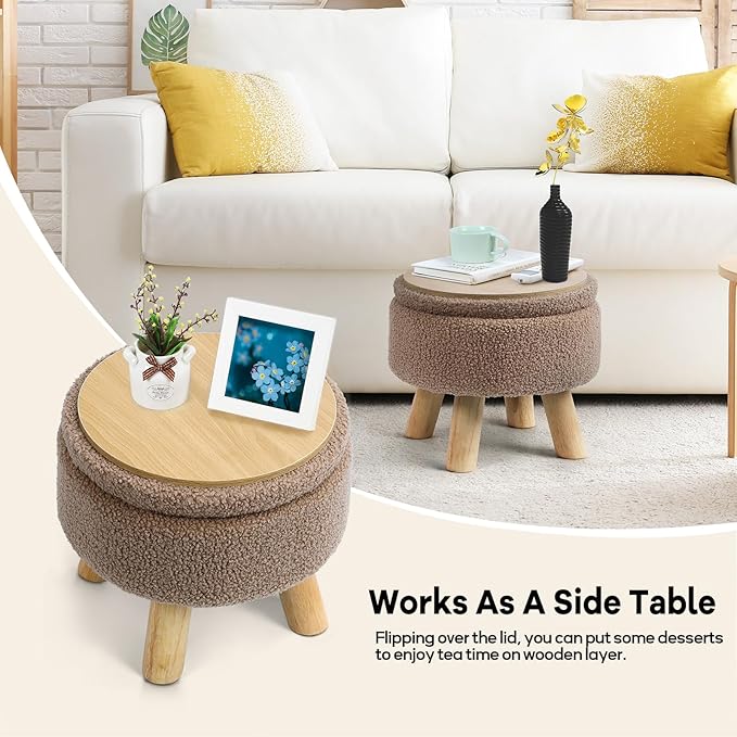 OGEMXU Ottoman Foot Rest, Small Round Ottoman with Storage, Boucle Teddy Velvet Footstool with Wood Legs, Soft Sponge Storage Ottoman for Living Room, Bedroom, Couch, Enterway (Camel Brown)