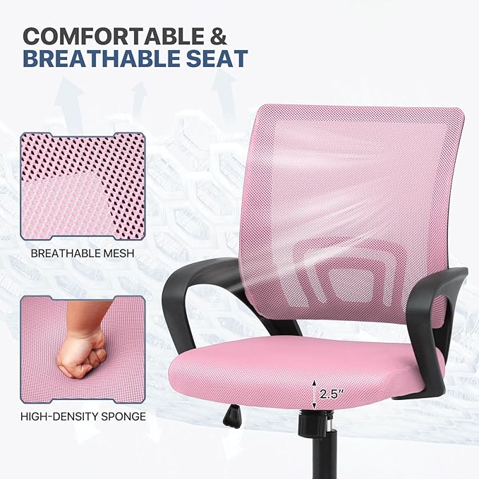 MoNiBloom Mesh Office Chair, Ergonomic Computer Chair for Adults, Rolling Swivel Mid-Back Desk Chair with Lumbar Support, Comfy Armrest for Home Office, Gaming, Pink 20 Pack