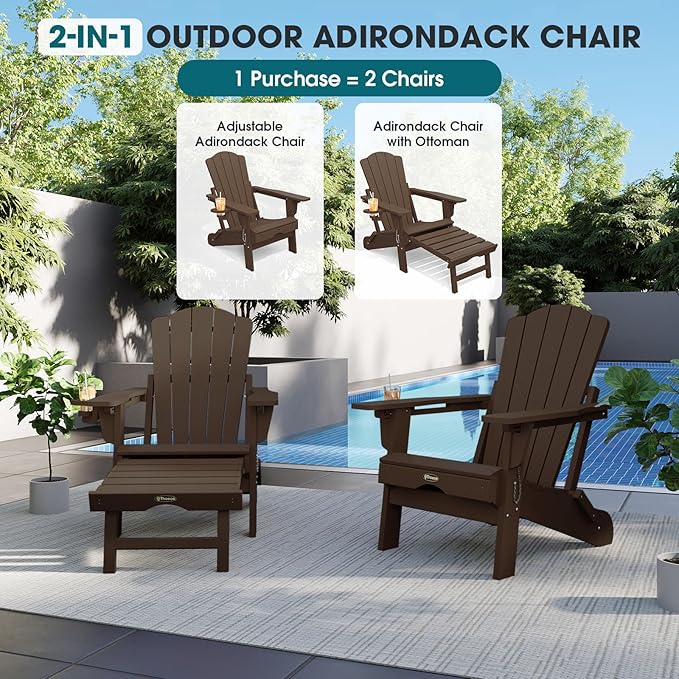 THOEOE Adjustable Adirondack Chair with Retractable Ottoman, HDEP Folding Adirondack Chairs with Footrest 2-in-1 Cup Holder, All Weather Outoor Fire Pit Chair with Foot Rest Set 2 Brown