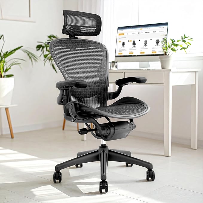 Certified Refurbished Aeron Chair Size B | Fully Adjustable Ergonomic Mesh Office Chair with Lumbar Support, Tilt Limiter, and Roller Index Arm Adjustments (HEADREST)