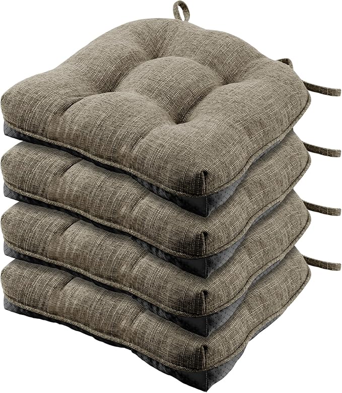Wellsin Chair Cushions for Dining Chairs, Non-Slip Kitchen Chair Pads with Ties, Tufted Shredded Foam Kitchen Chair Cushions Set of 4, 15.5" X 15.5", Khaki